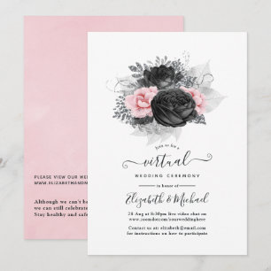 Zwarte & Roze Vintage Rozen Online Virtueel Huweli Kaart