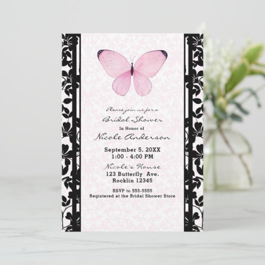 Zwarte & Roze Vlinder Bloem Bruiloft Kaart (Staand voorkant)