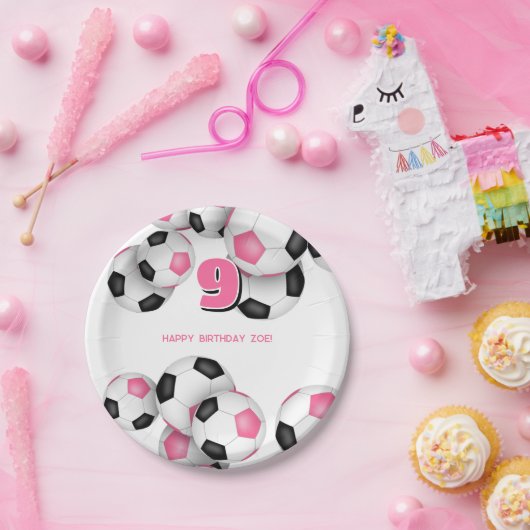 Zwarte roze voetballen meisjes verjaardagsfeestje papieren bordje (Feest)