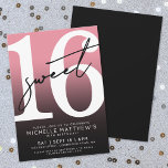Zwarte Roze Zestiende Verjaardag Kaart<br><div class="desc">Roze en Zwarte Sweet Sixteen verjaardagsfeest uitnodiging. Vier je zestiende verjaardag in stijl met dit gewaagde en chic ontwerp. De bovenste helft bevat een grote witte “16” met daarboven een brutale, met de hand geschreven zwarte tekst “Sweet”, dat afsteekt tegen een roze achtergrond die overgaat in een strakke zwarte gradiënt....</div>