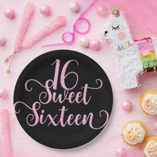 Zwarte & Roze zoete 16-verjaardag Papieren Bordje (Feest)
