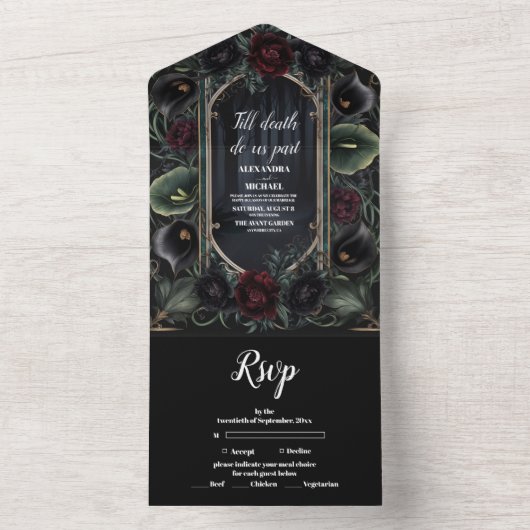 Zwarte Rozen Bloemen Gotische Halloween bruiloft All In One Uitnodiging (Binnen)