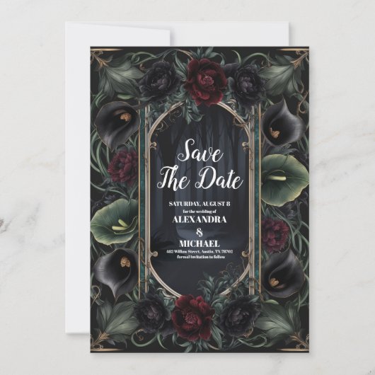 Zwarte Rozen Bloemen Gotische Halloween bruiloft Save The Date (Voorkant)