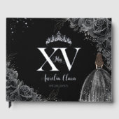 Zwarte Rozen Bloemen Meisje Jurk Zilver Quinceañer Gastenboek (Voorkant)