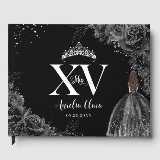 Zwarte Rozen Bloemen Meisje Jurk Zilver Quinceañer Gastenboek (Voorkant)