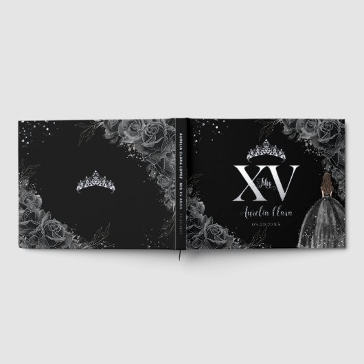 Zwarte Rozen Bloemen Meisje Jurk Zilver Quinceañer Gastenboek (Volledig)