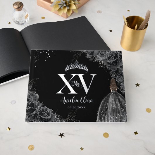 Zwarte Rozen Bloemen Meisje Jurk Zilver Quinceañer Gastenboek (Voorkant open)