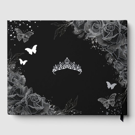 Zwarte Rozen Bloemen Vlinders Zilver Quinceañera Gastenboek (Achterkant)