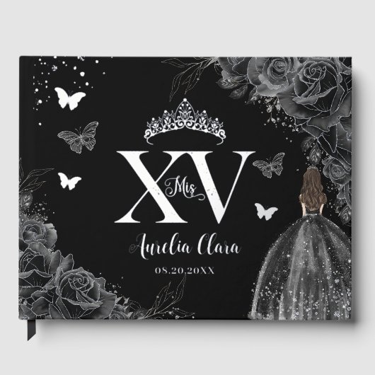 Zwarte Rozen Bloemen Vlinders Zilver Quinceañera Gastenboek (Voorkant)
