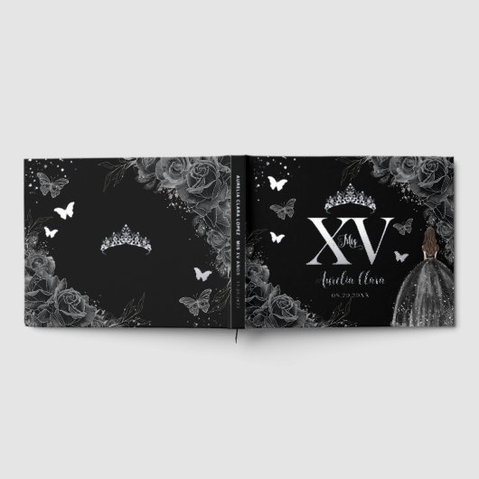 Zwarte Rozen Bloemen Vlinders Zilver Quinceañera Gastenboek (Volledig)