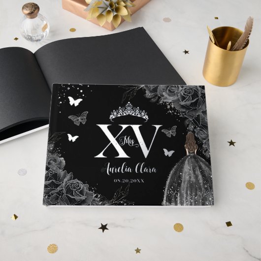 Zwarte Rozen Bloemen Vlinders Zilver Quinceañera Gastenboek (Voorkant open)