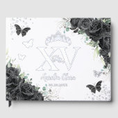 Zwarte Rozen Bloemen Vlinders Zilver Quinceañera Gastenboek (Voorkant)