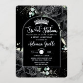 Zwarte Rozen Bloemen Zwart Zilver Zoet 16 Verjaard Folie Uitnodiging (Voorkant)