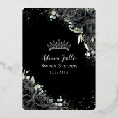 Zwarte Rozen Bloemen Zwart Zilver Zoet 16 Verjaard Folie Uitnodiging (Achterkant)