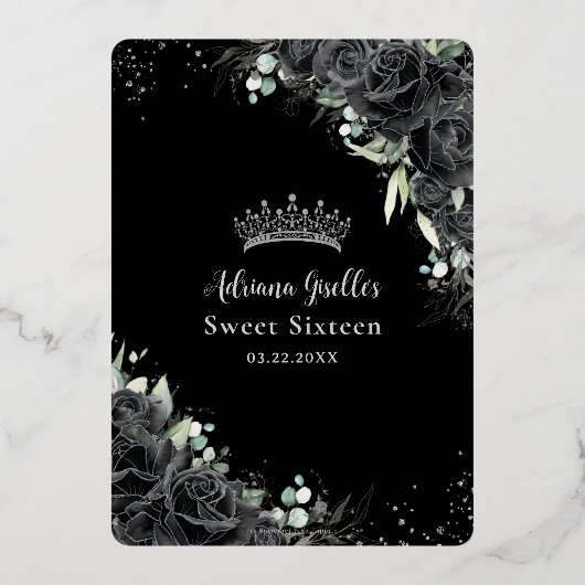 Zwarte Rozen Bloemen Zwart Zilver Zoet 16 Verjaard Folie Uitnodiging (Achterkant)