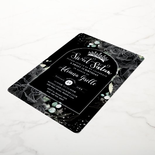 Zwarte Rozen Bloemen Zwart Zilver Zoet 16 Verjaard Folie Uitnodiging (Gedraaid)