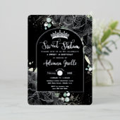 Zwarte Rozen Bloemen Zwart Zilver Zoet 16 Verjaard Folie Uitnodiging (Staand Voorkant)