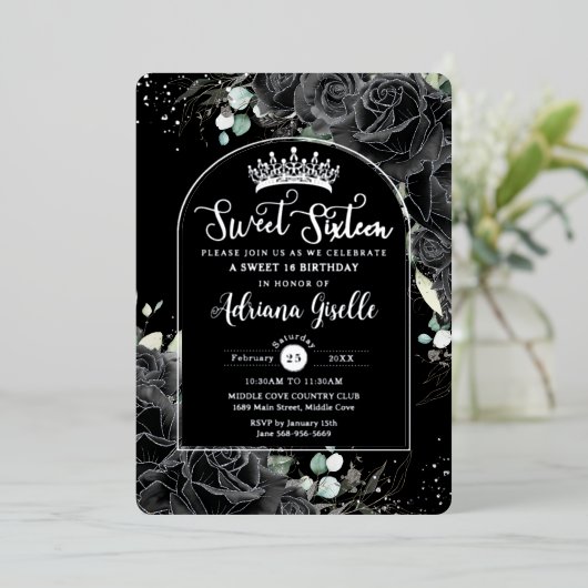 Zwarte Rozen Bloemen Zwart Zilver Zoet 16 Verjaard Folie Uitnodiging (Staand Voorkant)