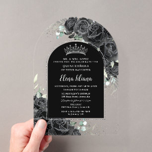 Zwarte Rozen Bloemige Zilveren Quinceanera Sweet 1 Acryl Uitnodigingen