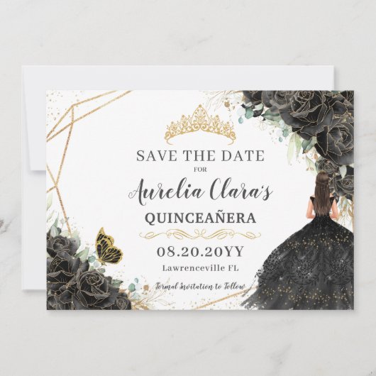 Zwarte Rozen Bloemrijke Gouden Quinceanera Sweet S Save The Date (Voorkant)