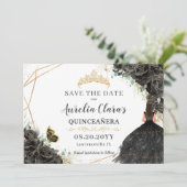 Zwarte Rozen Bloemrijke Gouden Quinceanera Sweet S Save The Date (Staand voorkant)