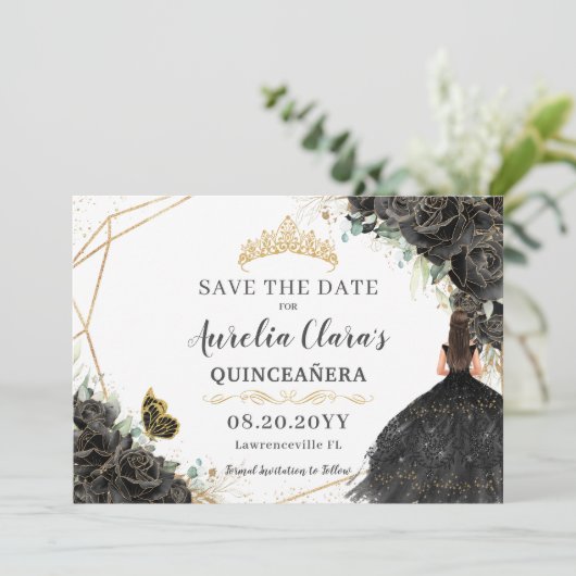 Zwarte Rozen Bloemrijke Gouden Quinceanera Sweet S Save The Date (Staand voorkant)