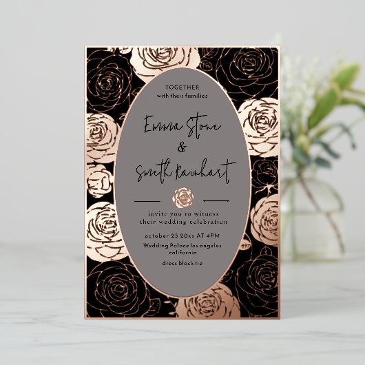 Zwarte Rozen bruiloft Folie uitnodiging (Staand Voorkant)