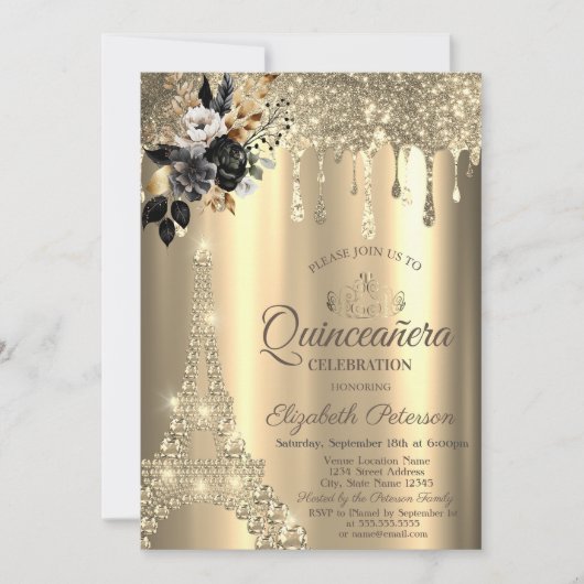 Zwarte Rozen Eiffeltoren Goud Drips Chic Kaart (Voorkant)