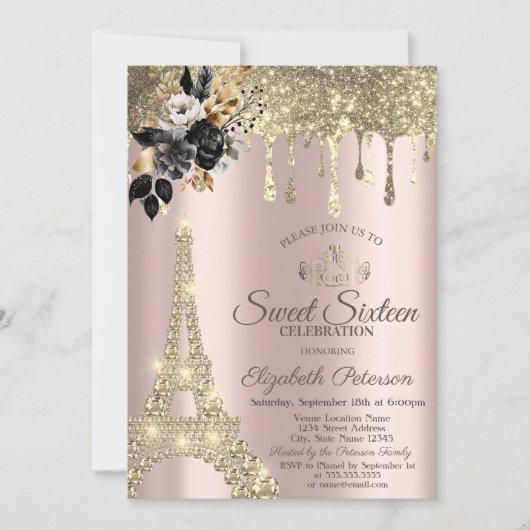 Zwarte Rozen Eiffeltoren Goud Drips Sweet 16 Kaart (Voorkant)