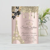 Zwarte Rozen Eiffeltoren Goud Drips Sweet 16 Kaart (Staand voorkant)