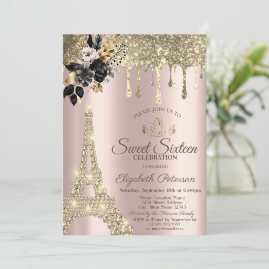 Zwarte Rozen Eiffeltoren Goud Drips Sweet 16 Kaart (Staand voorkant)