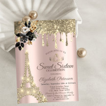 Zwarte Rozen Eiffeltoren Goud Druppels Sweet 16