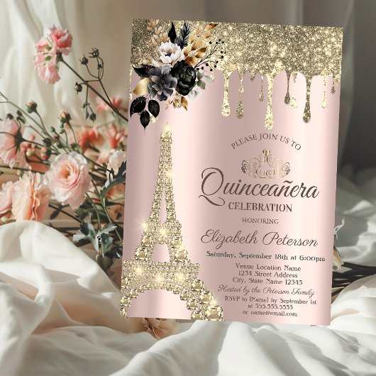 Zwarte Rozen Eiffeltoren gouden druppels Kaart