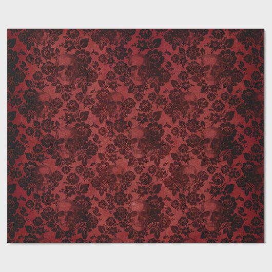 Zwarte Rozen en schedels op rood Cadeaupapier (Vlak)