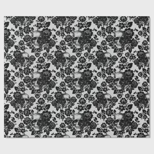 Zwarte Rozen en Skulls op wit Cadeaupapier (Vlak)