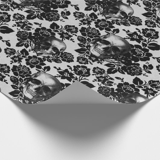 Zwarte Rozen en Skulls op wit Cadeaupapier (Hoek)
