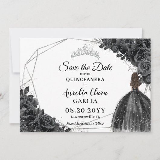 Zwarte Rozen Floral Dress XV 15 Silver Quinceañera Save The Date (Voorkant)