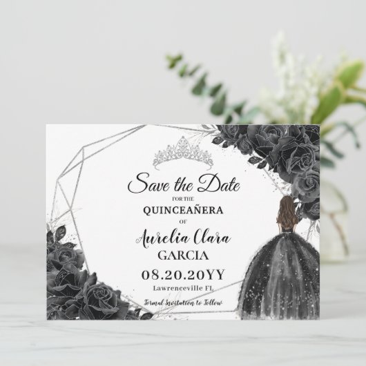 Zwarte Rozen Floral Dress XV 15 Silver Quinceañera Save The Date (Staand voorkant)