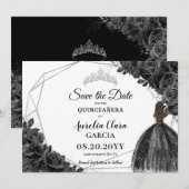 Zwarte Rozen Floral Dress XV 15 Silver Quinceañera Save The Date (Voorkant / Achterkant)