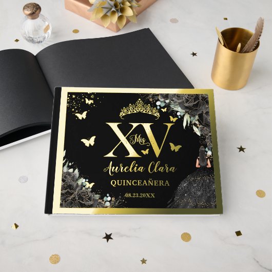 Zwarte Rozen Floral Quinceañera Quince 15 XV Gold Gastenboek (Voorkant open)