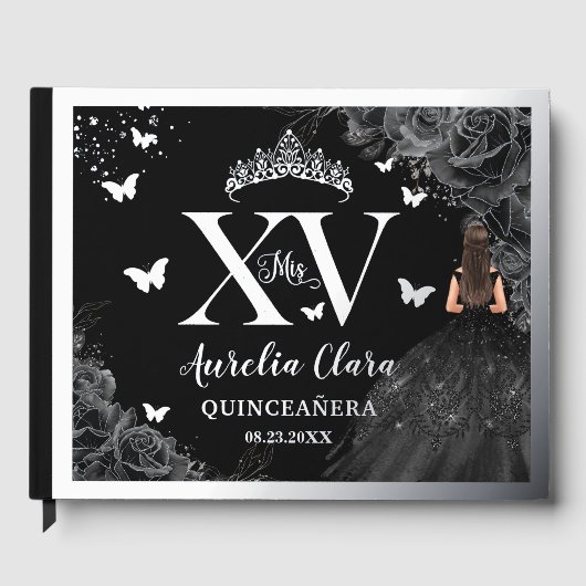 Zwarte Rozen Floral Quinceañera Quince 15 XV Silve Gastenboek (Voorkant)