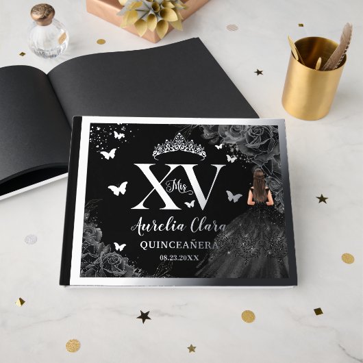 Zwarte Rozen Floral Quinceañera Quince 15 XV Silve Gastenboek (Voorkant open)