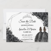 Zwarte Rozen Floral Twins XV Silver Quinceañera Save The Date (Voorkant)