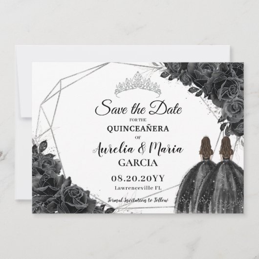 Zwarte Rozen Floral Twins XV Silver Quinceañera Save The Date (Voorkant)