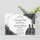 Zwarte Rozen Floral Twins XV Silver Quinceañera Save The Date (Staand voorkant)