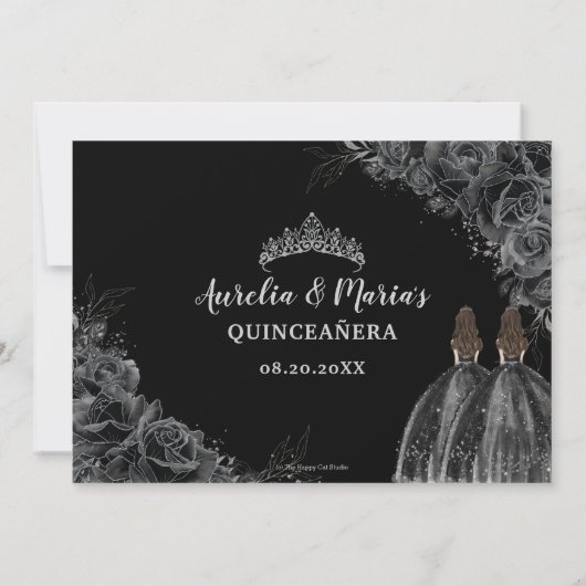 Zwarte Rozen Floral Twins XV Silver Quinceañera Save The Date (Achterkant)
