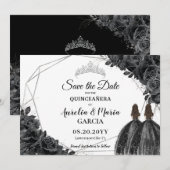 Zwarte Rozen Floral Twins XV Silver Quinceañera Save The Date (Voorkant / Achterkant)