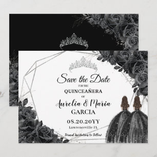 Zwarte Rozen Floral Twins XV Silver Quinceañera Save The Date