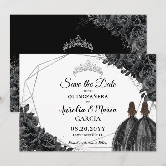 Zwarte Rozen Floral Twins XV Silver Quinceañera Save The Date (Voorkant / Achterkant)