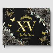 Zwarte Rozen Flower Butterflies Gold Quinceañera Gastenboek (Voorkant)